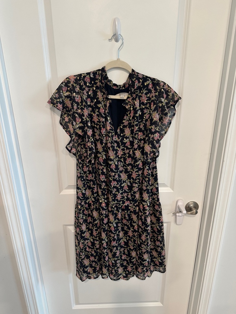 LOFT Navy Mini Dress with Pink and Gold Floral Print